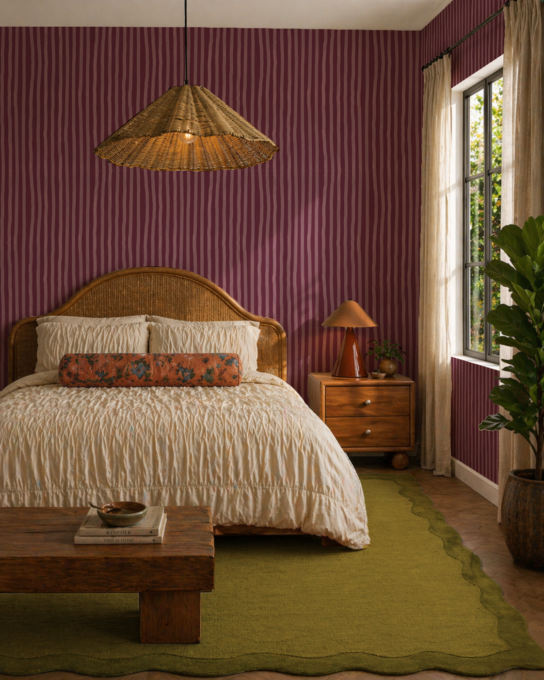Dolce Stripe Wallpaper, eggplant and mauve