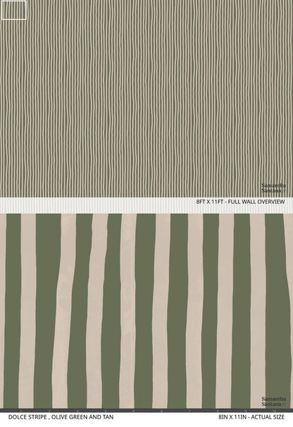 Dolce Stripe Wallpaper, olive green and tan