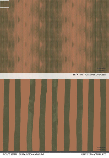 Dolce Stripe Wallpaper, terra cotta and olive