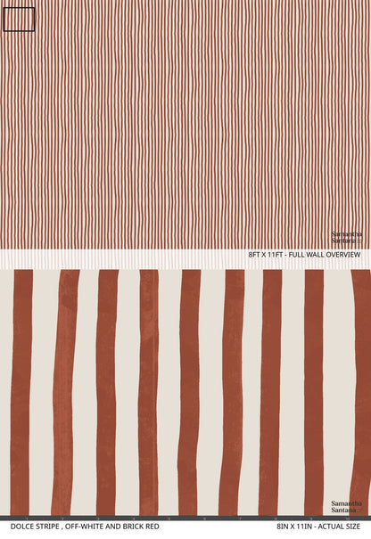 Dolce Stripe Wallpaper, off-white and brick red