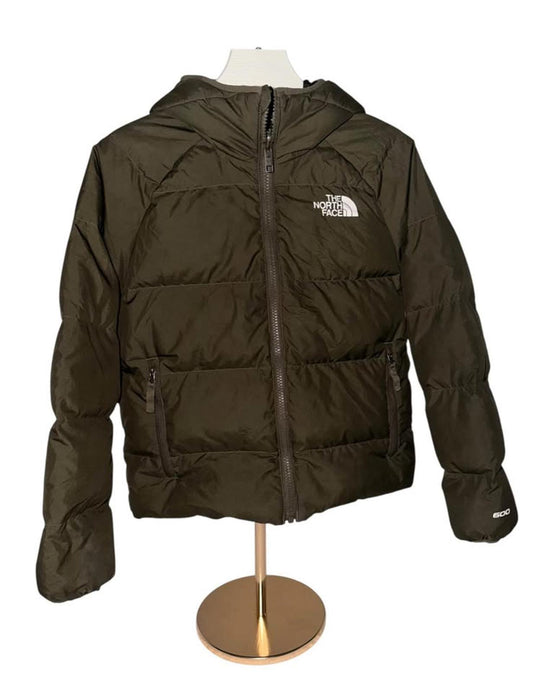 The North Face Boys Hooded Puffer Jacket Olive Green Camo Lining Size M