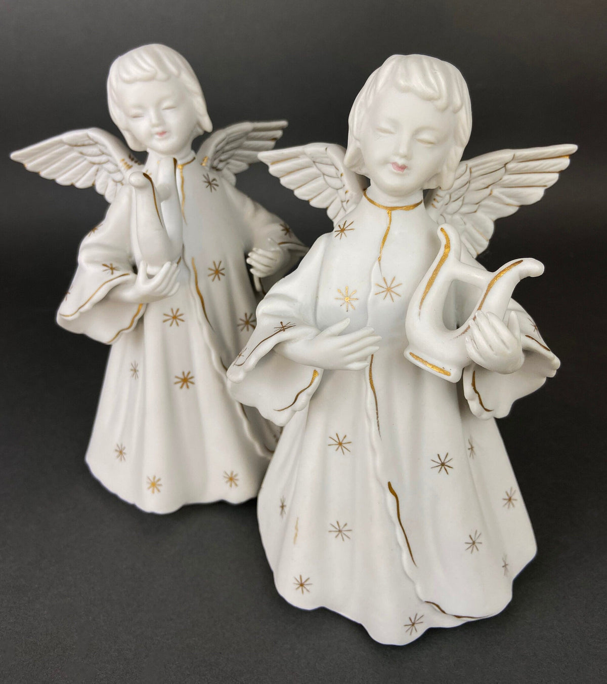 Angel Candle Stick Holders by Schmid Brothers. Set of Two Porcelain Angels Playing Harp. Made in Japan.