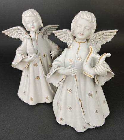 Angel Candle Stick Holders by Schmid Brothers. Set of Two Porcelain Angels Playing Harp. Made in Japan.