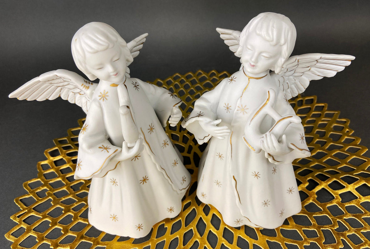 Angel Candle Stick Holders by Schmid Brothers. Set of Two Porcelain Angels Playing Harp. Made in Japan.