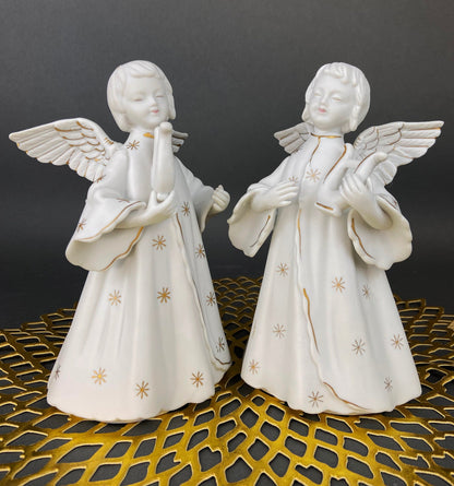 Angel Candle Stick Holders by Schmid Brothers. Set of Two Porcelain Angels Playing Harp. Made in Japan.
