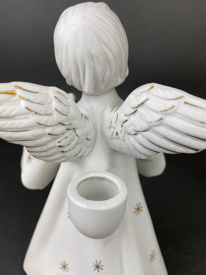 Angel Candle Stick Holders by Schmid Brothers. Set of Two Porcelain Angels Playing Harp. Made in Japan.