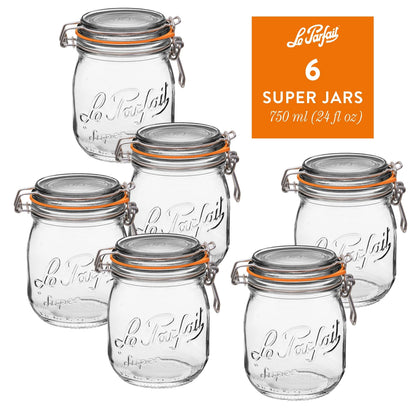 Le Parfait Super Jars, French Glass Canning Jars with Stainless Wire-Bail Clamp Lid
