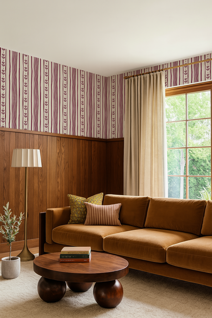 Daisy Chain Stripe Wallpaper, beige and eggplant purple