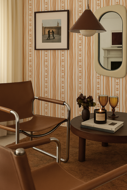Daisy Chain Stripe Wallpaper, beige, apricot and orange