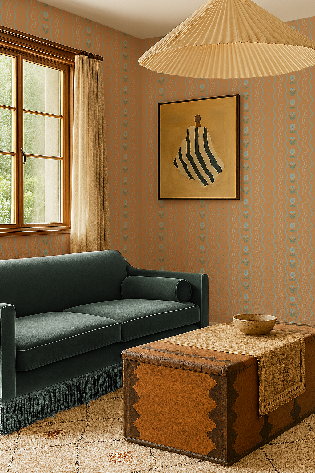 Posy Lane Stripe Wallpaper, apricot and light blue