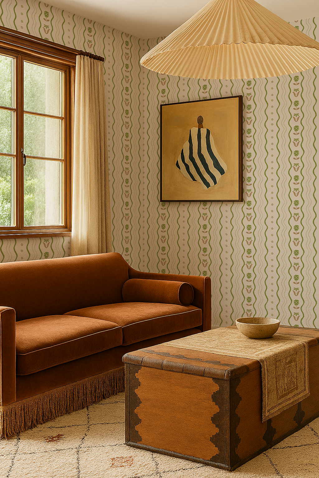 Posy Lane Stripe Wallpaper, beige and green