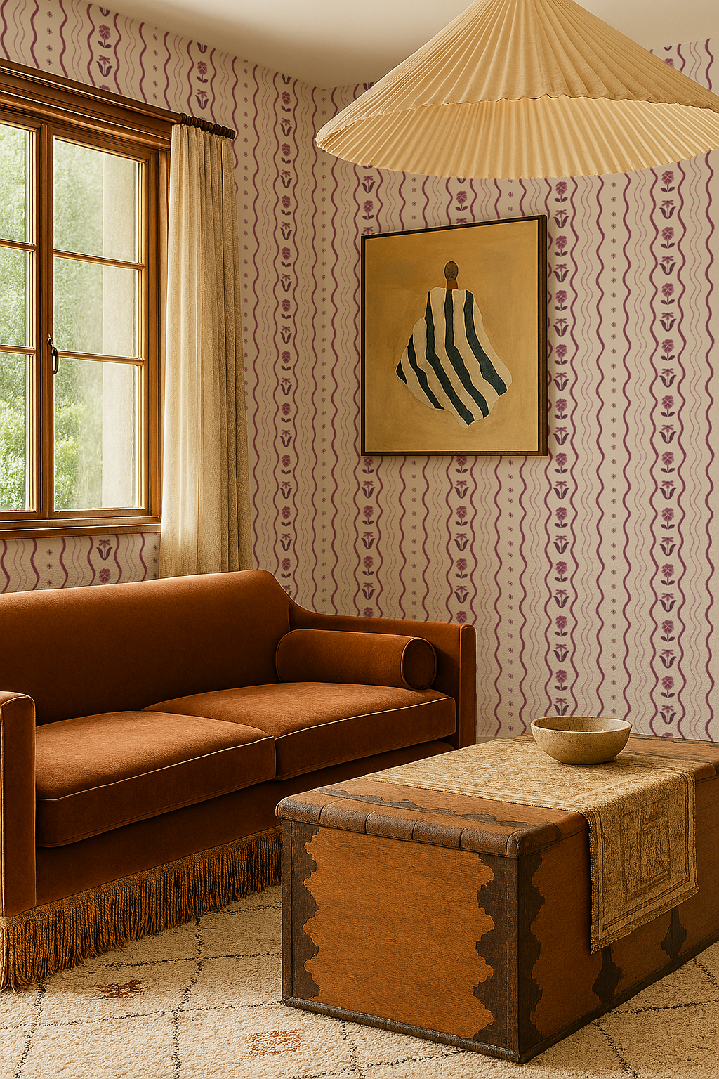Posy Lane Stripe Wallpaper, beige and plum purple
