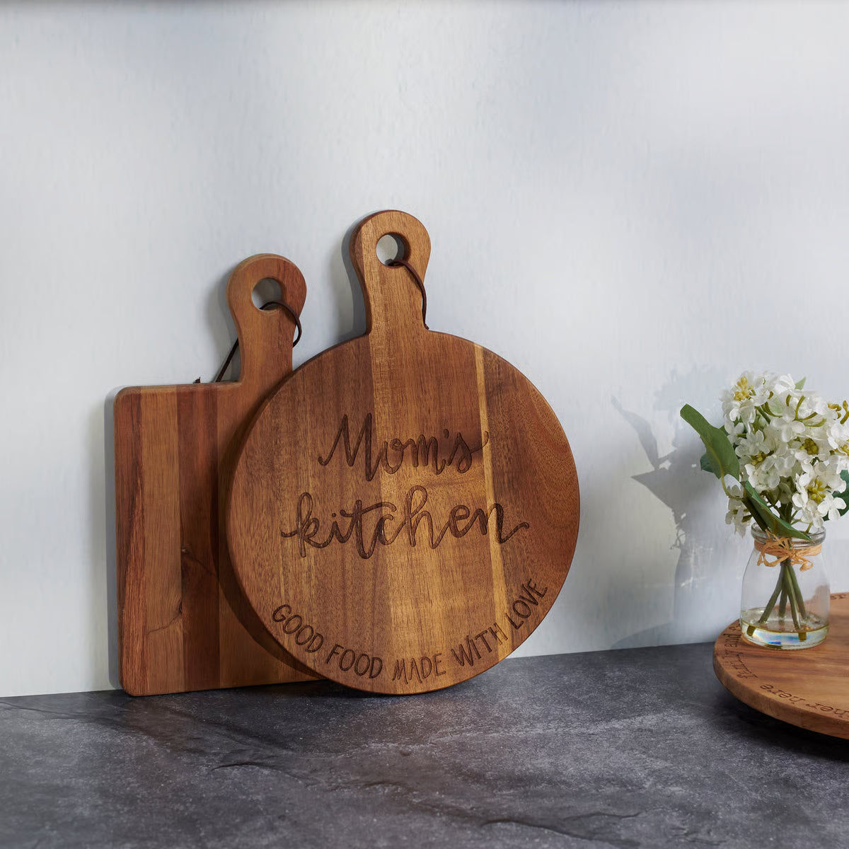 Mom's Kitchen Engraved Wooden Cutting Board - Vintage Style Round Serving Platter