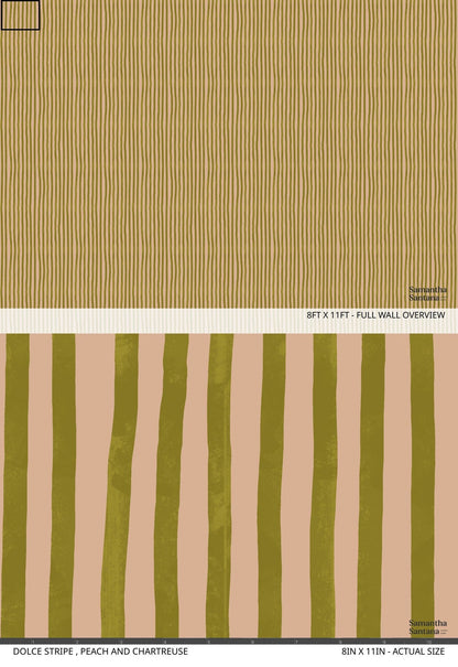 Dolce Stripe Wallpaper, peach and chartreuse