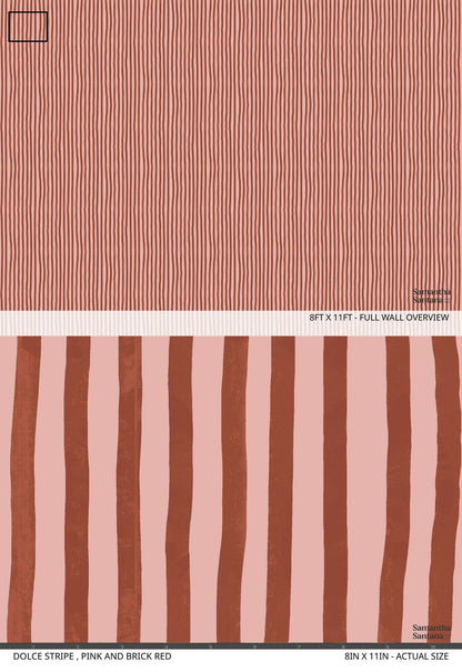 Dolce Stripe Wallpaper, pink and brick red