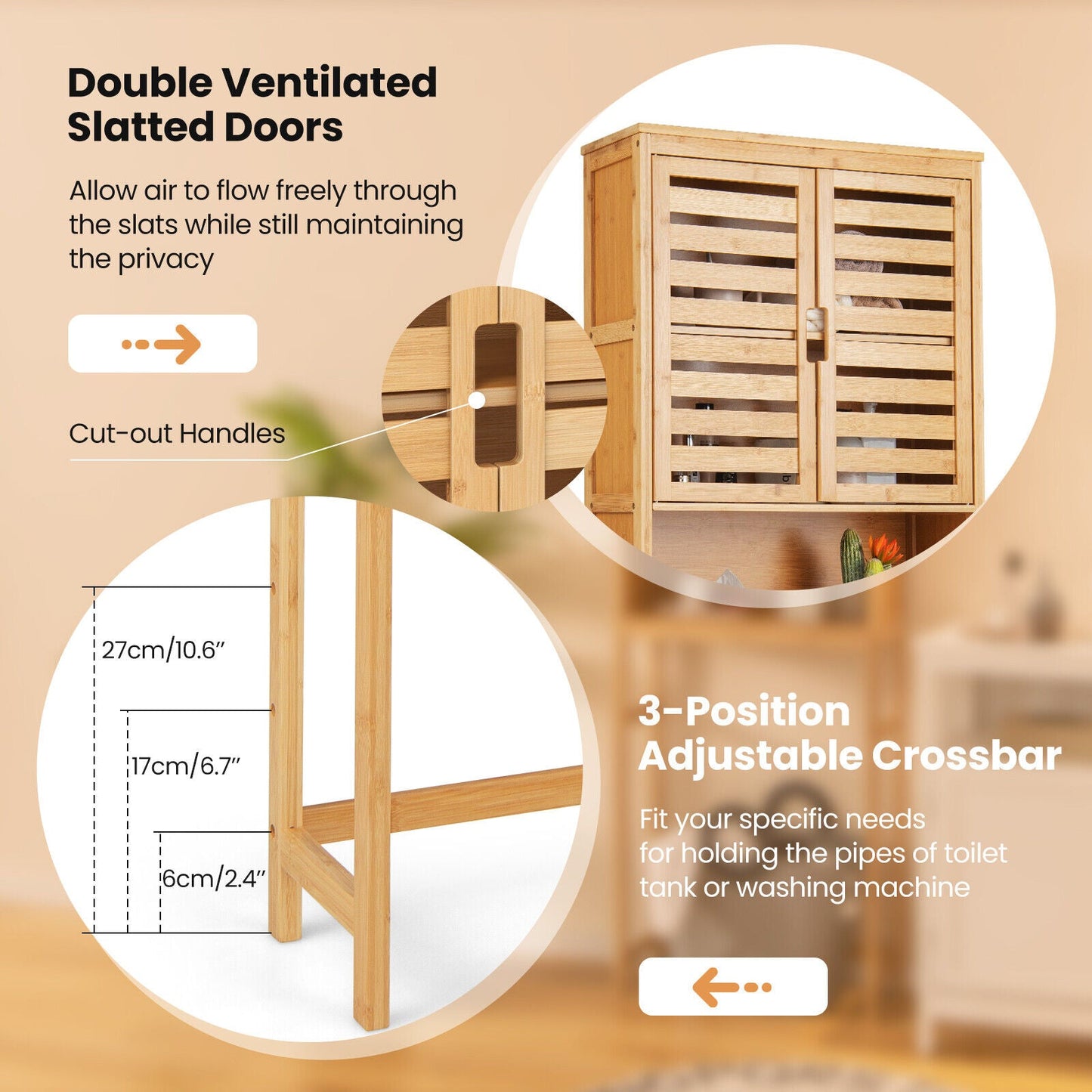 Bamboo Over The Toilet Storage Cabinet Bathroom with Adjustable Shelf-Natural